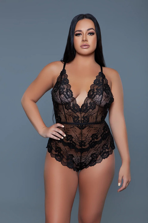 Plunging Cheeky Side Slit Lace Bodysuit