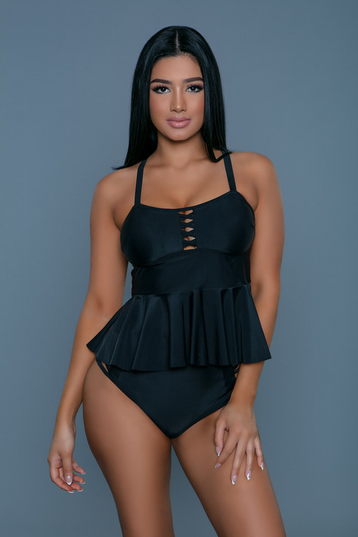 Criss-Cross Strappy Peplum High Waisted Tankini