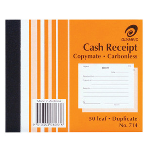Olympic Carbonless Duplicate Cash Receipt Book No.714 100 x 125mm 50 Leaf (142812)