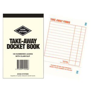 ZIONS RESTAURANT DOCKET BOOK - TAKE AWAY NO.TA TA With Claim Slip 150x95mm