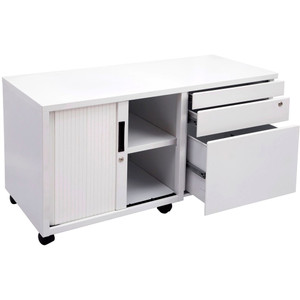 GO STEEL MOBILE CADDY With Left Hand Tambour Door White Satin 615mm H x 1050mm W x 500mm D