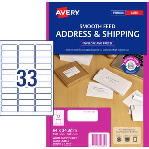 AVERY SMOOTH FEED LABELS  L7157 Laser 64 x 24.3mm White Box of 3300 33up