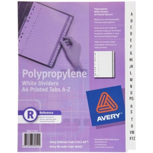AVERY L7411-AZ WHITE POLYPROPYLENE DIVIDERS A4 A-Z Index Tabs White