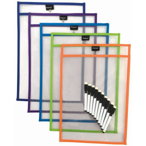 PROTEXT A3 REWRITABLE STUDENT POCKETS CLEAR PK5 MIXED COLOUR TRIM, TOP AND SIDE OPENING