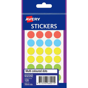 AVERY STICKER HANDIPACKS DOTS 16MM MULTI COLOUR 120 STICKERS PER PACK