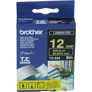 BROTHER TZE334 PTOUCH TAPE 12MMx8M Gold on Black Tape TZE-334