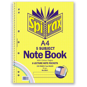 SPIRAX 596C 5 SUBJECT NOTEBOOK WITH COLOURED PAPER A4 250 PAGE