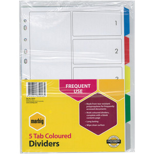 MARBIG POLYPROPYLENE DIVIDERS 5 Tab A4 Multi-Colour