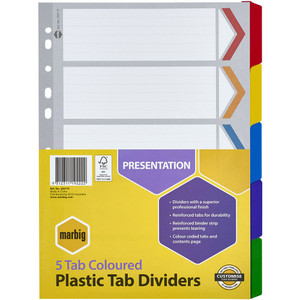 MARBIG COLOURED DIVIDERS A4 5 Reinforced Tab PP