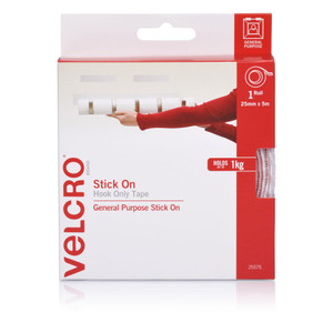 Velcro Stick On Hook Only 25mm x 5m White, Each