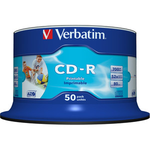 VERBATIM RECORDABLE INKJET PRINTABLE CD SPINDLE CD-R 80min 700MB 52X White Pk50