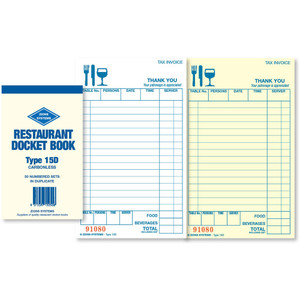 ZIONS RESTAURANT DOCKET BOOKS 15D Dup C/Less 165x95mm, 15 Lines, 50 Sets