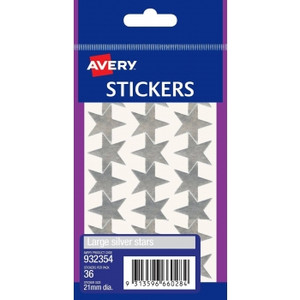 AVERY SILVER STAR STICKERS 21MM DIAMETER Permanent, Pk36