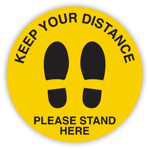Social Distance Circular Sign Keep Your Distance Please Stand Here with Shoe Prints Yellow & Black (Each)
