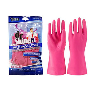 Dr Shine Rubber Washing Gloves Pink (Mixed Sizes in a Carton) Size Chart on Back **