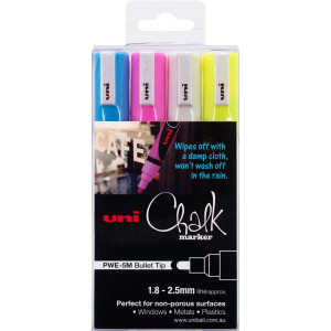 UNI CHALK MARKER Liquid Bullet Tip Assorted Pack of 4