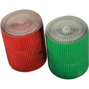 CORRUGATED BORDER ROLL 10M METALLIC FOIL RED AND GREEN RAINBOW 60MM WIDE