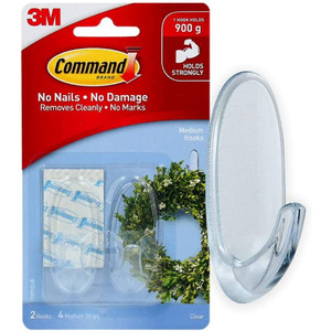 COMMAND ADHESIVE MEDIUM HOOKS CLEAR 17091CLR PACK 2 HOOKS AND 4 STRIPS