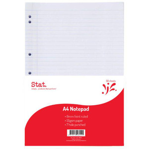 STAT NOTEPAD A4 7MM RULED 55Gsm White 7 Hole Punched 50 Sheet