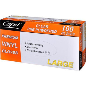CAPRI PREMIUM VINYL CLEAR LARGE GLOVES PRE-POWERED 100S (Carton of 10)