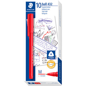 Staedtler Stick 432 Triangular Ballpoint Pen 1.0mm Medium - Red, Box of 10