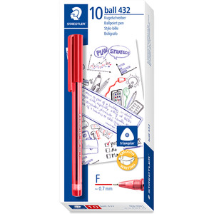 Staedtler 432 Stick Triangular Ballpoint Pen Fine 0.7mm Red Box of 10 *** While Stock Lasts ***