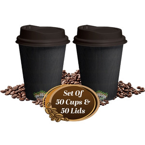 50 Sets 16oz (480ml) Double Wall Black Ripple Disposable Cups With Lids Suit Coffee Juice Chocolate Hot Cold Drinks