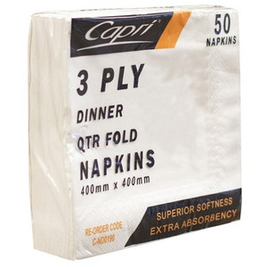 Capri 3 Ply Quarter Fold White Dinner Napkins, 400 x 400mm, Pack of 50