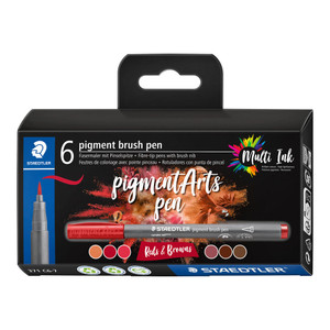 Staedtler 371 Pigment Arts Brush Pen, Reds & Browns, Pack of 6