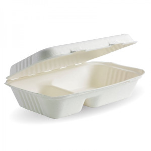 WOW 9 x 6 x 3” 2-Compartment Sugarcane Clamshells, Carton of 200