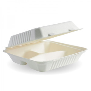 WOW 9 x 9 x 3”  3-Compartment Sugarcane Clamshells, Carton of 200