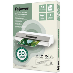 Fellowes Laminating Pouches Recycled A4 - Light Duty Gloss, Pack of 100