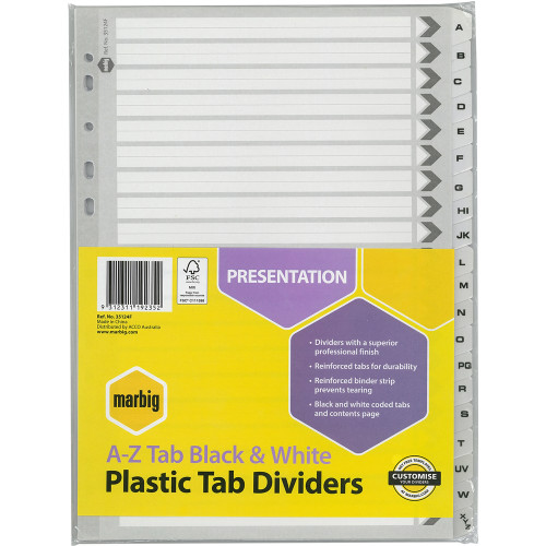 MARBIG PLASTIC BLACK/WHITE TABBED MANILLA DIVIDERS A-Z Tab A4 Black/White