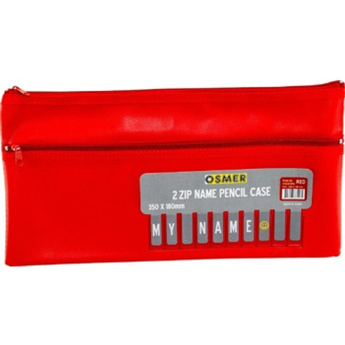 PENCIL CASE PVC CLOTH BACKED WITH ALPHABET NAME INSERT - 35 X 18CM - 2 ZIP - RED