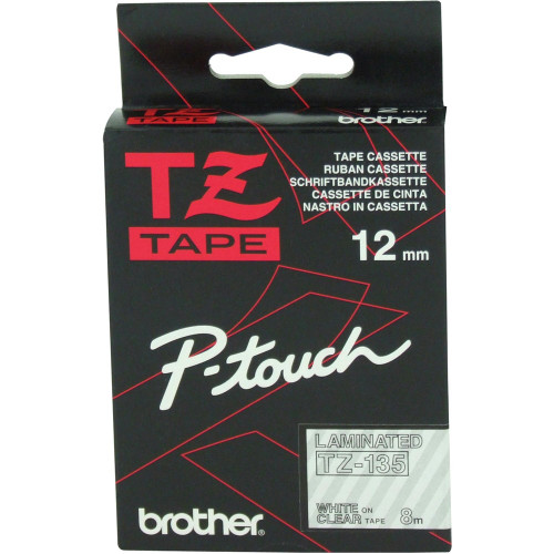 BROTHER TZE-135 PTOUCH TAPE 12mm x 8mtr White on Clear