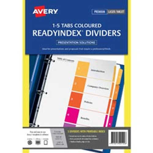 AVERY L7411-5 READY INDEX A4 1-5 Index White, Assorted Tabs Includes 5 Tabs