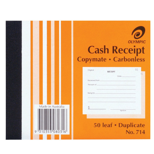 OLYMPIC CARBONLESS CASH RECEIPT BOOKS 714 Dup 100x125mm 142812