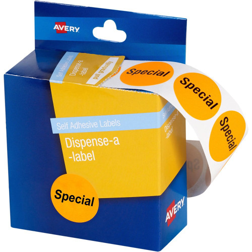 AVERY DISPENSER LABELS PRINTED Special Orange/Black 24mm Diameter (Box of 500) *** While Stock Lasts ***