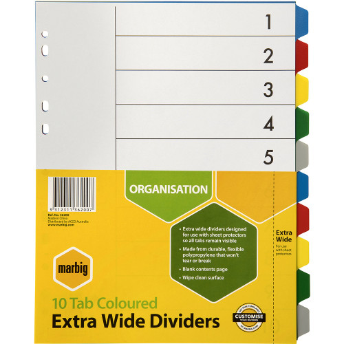 MARBIG POLYPROPYLENE DIVIDERS 10 Tab A4 Multi-Colour Extra Wide