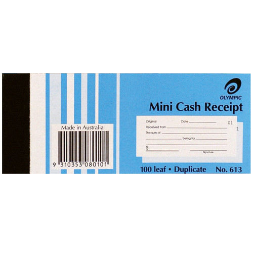 OLYMPIC CARBON CASH RECEIPT BOOKS 613 Dup 50x125mm