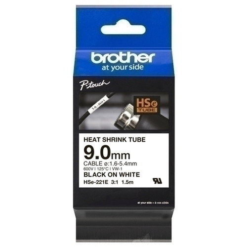 BROTHER HSE-221 HEAT SHRINK TUBE 8.8mm Black On White, Compatible with PT-E300VP