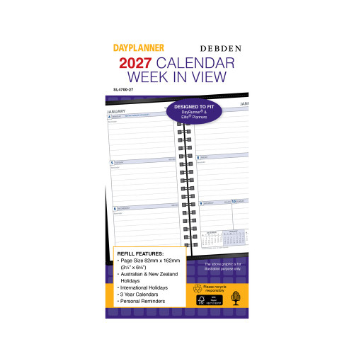 DEBDEN DAYPLANNER REFILL ORG Weekly Dated Calendar Slimline (Pre-Order Now for 2027) ** ETA 30/9/2026 **