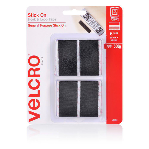 Velcro Stick On Hook & Loop Rectangle Strips 25 x 50mm Black (25558), Pack of 6