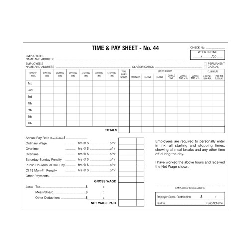 ZIONS 445 WAGE SHEETS Hospitality Time & Pay Pack of 500