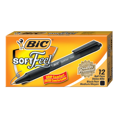 BIC SOFTFEEL RETRACTABLE BALLPOINT PEN Black Bx12 953928