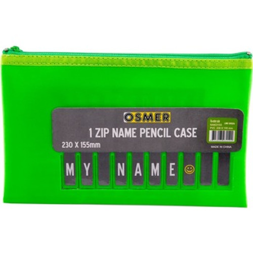 PENCIL CASE PVC CLOTH BACKED WITH ALPHABET NAME INSERT - 23 X 15.5CM - 1 ZIP - GREEN