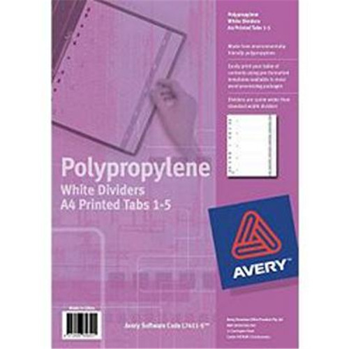 AVERY DIVIDERS A4 1-5 White Printed Black PVC Uses Software Code L7411-5