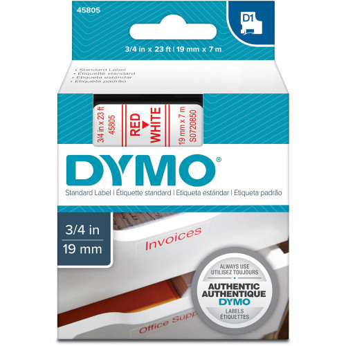 DYMO LABEL TAPE D1 19MM Red on White 7mtr Suits LM360D LM420P LM500TS