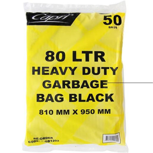 Capri 75 - 80L Heavy Duty Garbage Bags Flat Pack - Black, Pack of 50