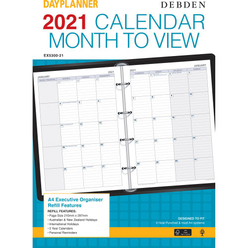 DEBDEN DAYPLANNER A4 EDITION REFILLS - 4 RING Monthly Dated (1Year) (2024)